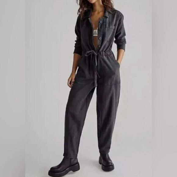 Free People Quinn Coverall Jumpsuit Black Cotton Wide Leg Boho Urban Casual - Picture 1 of 16